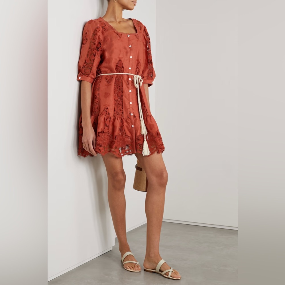 NWOT Miguelina Dixie belted lace-trimmed linen mini dress. Brick Orange. Size S